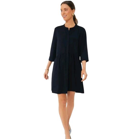 TUCKERNUCK Navy Crepe Royal Shirt Dress Large Stretch Quiet Luxury Minimalist - Picture 2 of 6